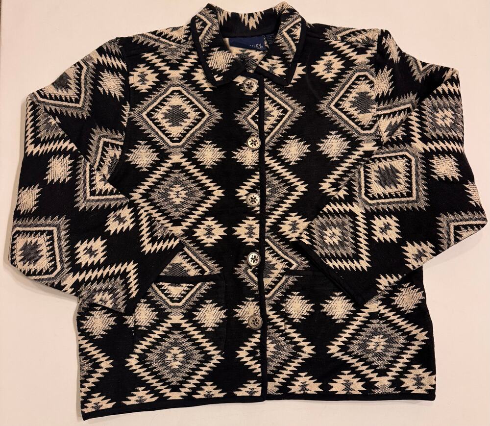Vtg Jane Ashley Women's Button-Up Tapestry Jacket Black/White Aztec Print Sz L
